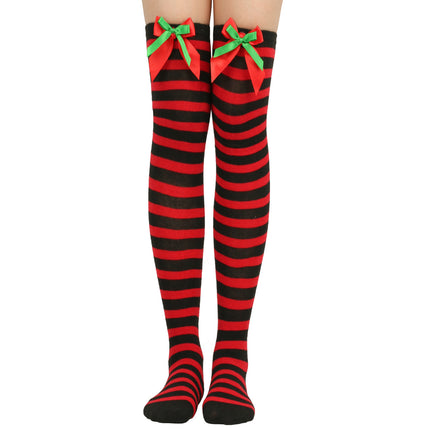 6 Pairs Striped Thigh High Socks Women's Bow Christmas Socks Teenage Knee High Stockings