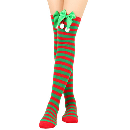 6 Pairs Striped Thigh High Socks Women's Bow Christmas Socks Teenage Knee High Stockings