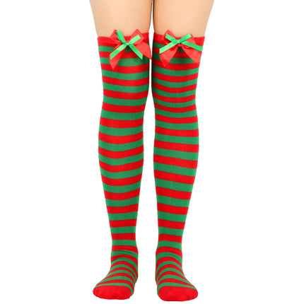 6 Pairs Striped Thigh High Socks Women's Bow Christmas Socks Teenage Knee High Stockings