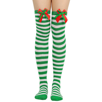 6 Pairs Striped Thigh High Socks Women's Bow Christmas Socks Teenage Knee High Stockings