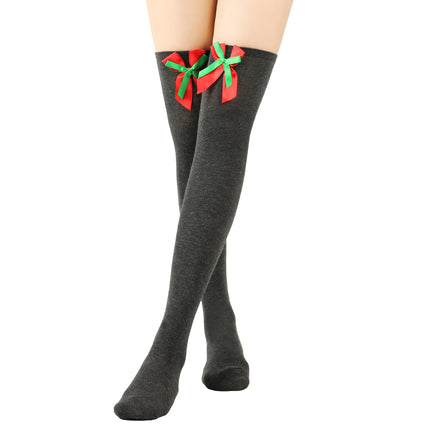 6 Pairs Striped Thigh High Socks Women's Bow Christmas Socks Teenage Knee High Stockings