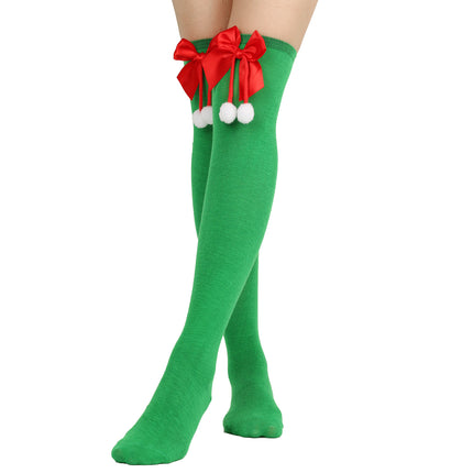 6 Pairs Striped Thigh High Socks Women's Bow Christmas Socks Teenage Knee High Stockings