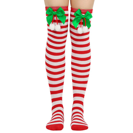 6 Pairs Striped Thigh High Socks Women's Bow Christmas Socks Teenage Knee High Stockings