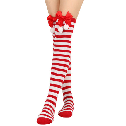 6 Pairs Striped Thigh High Socks Women's Bow Christmas Socks Teenage Knee High Stockings