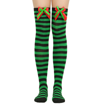 6 Pairs Striped Thigh High Socks Women's Bow Christmas Socks Teenage Knee High Stockings