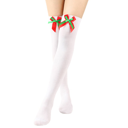 6 Pairs Striped Thigh High Socks Women's Bow Christmas Socks Teenage Knee High Stockings