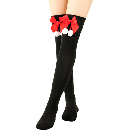 6 Pairs Striped Thigh High Socks Women's Bow Christmas Socks Teenage Knee High Stockings