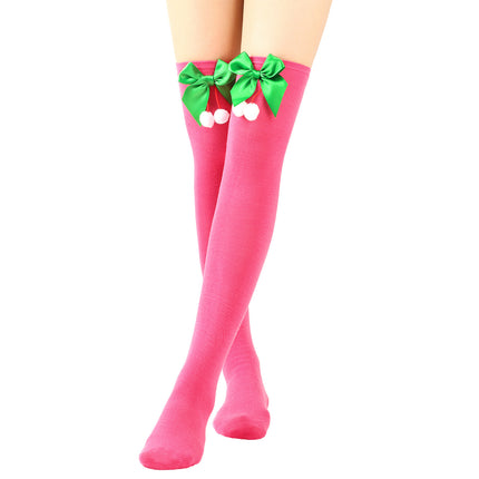 6 Pairs Striped Thigh High Socks Women's Bow Christmas Socks Teenage Knee High Stockings