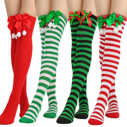 6 Pairs Striped Thigh High Socks Women's Bow Christmas Socks Teenage Knee High Stockings