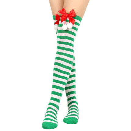 6 Pairs Striped Thigh High Socks Women's Bow Christmas Socks Teenage Knee High Stockings