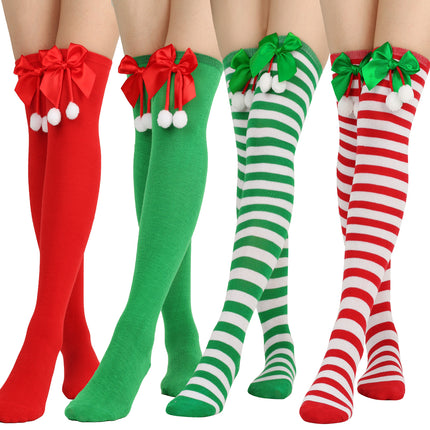 6 Pairs Striped Thigh High Socks Women's Bow Christmas Socks Teenage Knee High Stockings