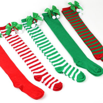 6 Pairs Striped Thigh High Socks Women's Bow Christmas Socks Teenage Knee High Stockings