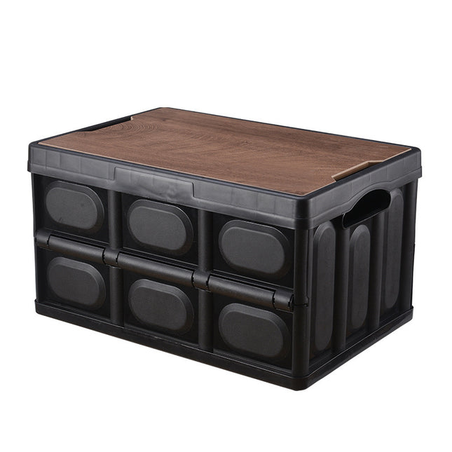 Collapsible Storage Bin with Wooden Lid, Stackable Storage Crate for Car, Camping