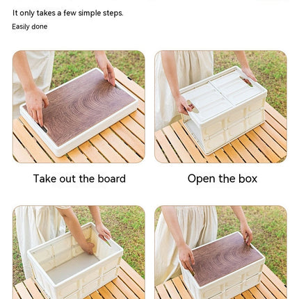 Collapsible Storage Bin with Wooden Lid, Stackable Storage Crate for Car, Camping