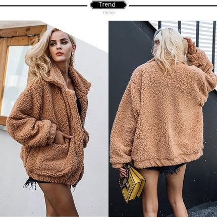 Women's Winter Coat Long Sleeve Lapel Zip Up Faux Shearling Shaggy Jacket