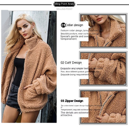 Women's Winter Coat Long Sleeve Lapel Zip Up Faux Shearling Shaggy Jacket