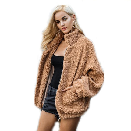 Women's Winter Coat Long Sleeve Lapel Zip Up Faux Shearling Shaggy Jacket