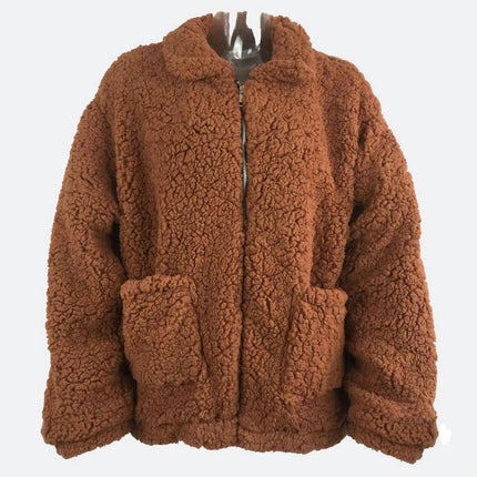 Women's Winter Coat Long Sleeve Lapel Zip Up Faux Shearling Shaggy Jacket