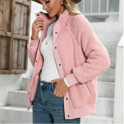 Women's Cardigan Coat Lapel Button Down Warm Fuzzy Fleece Jacket Outwear with Pockets