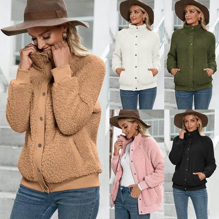 Women's Cardigan Coat Lapel Button Down Warm Fuzzy Fleece Jacket Outwear with Pockets