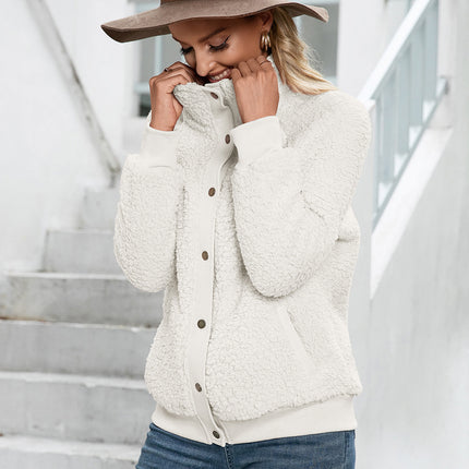 Women's Cardigan Coat Lapel Button Down Warm Fuzzy Fleece Jacket Outwear with Pockets