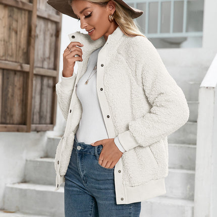 Women's Cardigan Coat Lapel Button Down Warm Fuzzy Fleece Jacket Outwear with Pockets