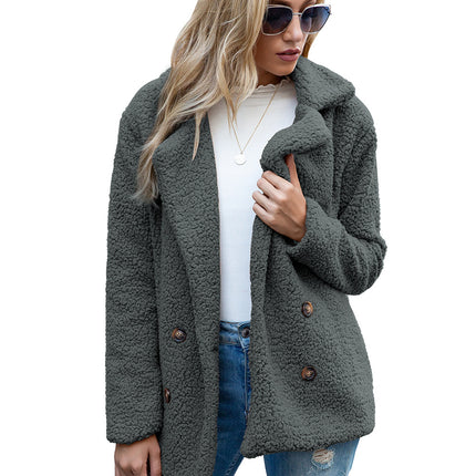 Women's Petite Plus Cardigan Coat Lapel Button Fuzzy Coat