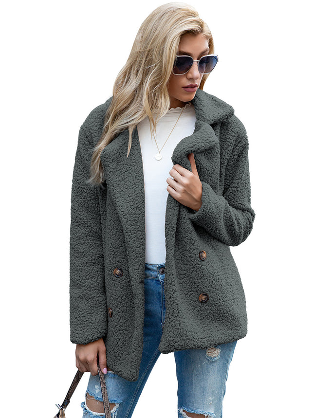 Women's Petite Plus Cardigan Coat Lapel Button Fuzzy Coat