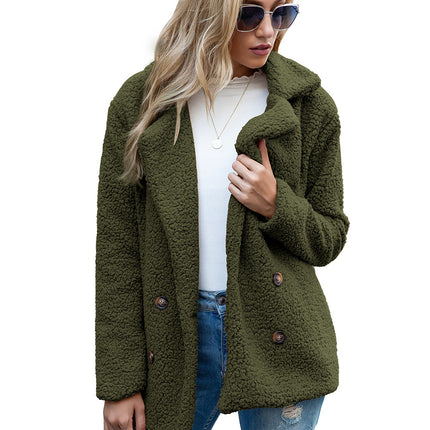 Women's Petite Plus Cardigan Coat Lapel Button Fuzzy Coat