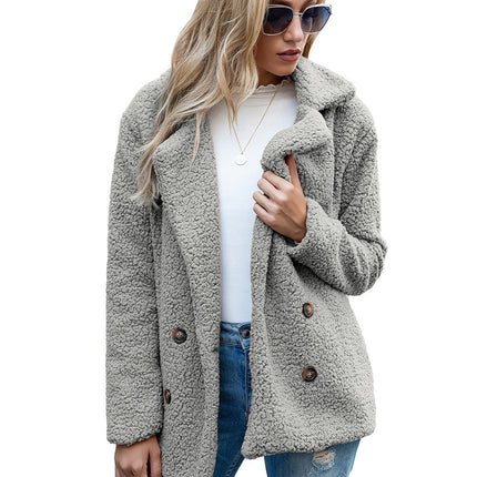 Women's Petite Plus Cardigan Coat Lapel Button Fuzzy Coat