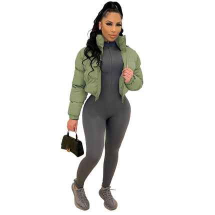 Women's Winter Long Sleeve Zip Puffer Jacket Stand Collar Short Down Coats with Pockets