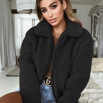 Women's Winter Coat Long Sleeve Lapel Zip Up Faux Shearling Shaggy Oversized Shacket