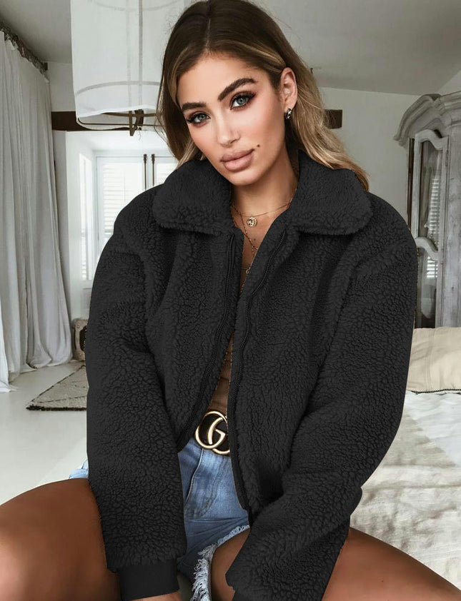 Women's Winter Coat Long Sleeve Lapel Zip Up Faux Shearling Shaggy Oversized Shacket