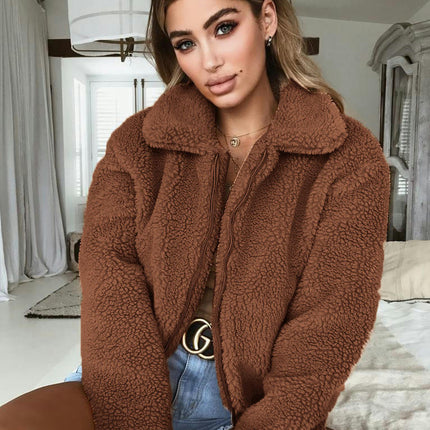 Women's Winter Coat Long Sleeve Lapel Zip Up Faux Shearling Shaggy Oversized Shacket