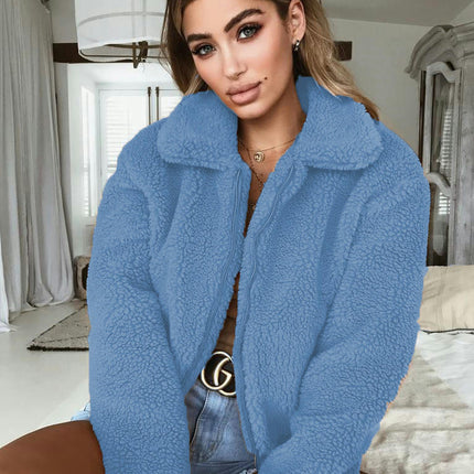 Women's Winter Coat Long Sleeve Lapel Zip Up Faux Shearling Shaggy Oversized Shacket