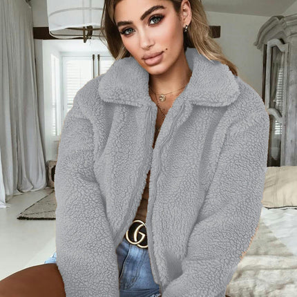 Women's Winter Coat Long Sleeve Lapel Zip Up Faux Shearling Shaggy Oversized Shacket