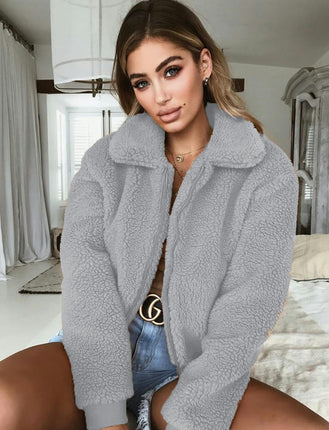 Women's Winter Coat Long Sleeve Lapel Zip Up Faux Shearling Shaggy Oversized Shacket