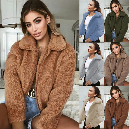 Women's Winter Coat Long Sleeve Lapel Zip Up Faux Shearling Shaggy Oversized Shacket