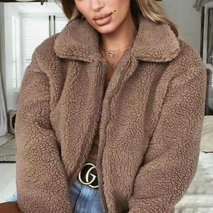 Women's Winter Coat Long Sleeve Lapel Zip Up Faux Shearling Shaggy Oversized Shacket