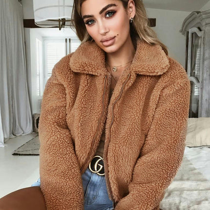 Women's Winter Coat Long Sleeve Lapel Zip Up Faux Shearling Shaggy Oversized Shacket