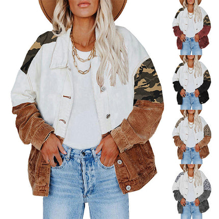 Women Patchwork Shirt Jacket Button Down Drop Shoulder Knitted Sleeve Jackets