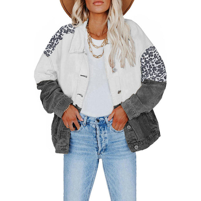 Women Patchwork Shirt Jacket Button Down Drop Shoulder Knitted Sleeve Jackets