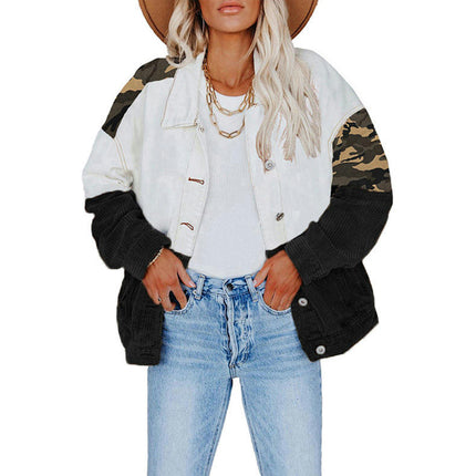 Women Patchwork Shirt Jacket Button Down Drop Shoulder Knitted Sleeve Jackets