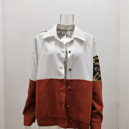 Women Patchwork Shirt Jacket Button Down Drop Shoulder Knitted Sleeve Jackets