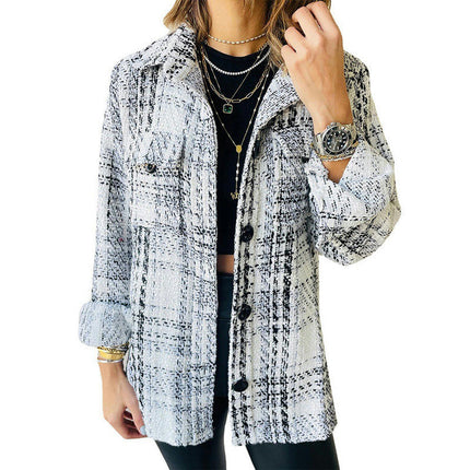 Women's Plaid Long Sleeve Button tweed Shirts Jacket Coats with Pockets