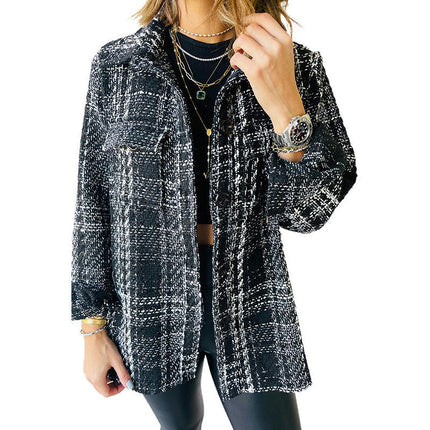 Women's Plaid Long Sleeve Button tweed Shirts Jacket Coats with Pockets