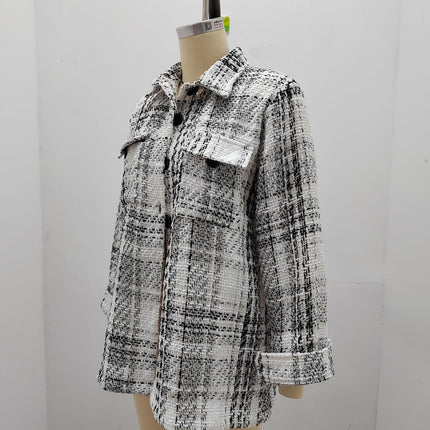 Women's Plaid Long Sleeve Button tweed Shirts Jacket Coats with Pockets