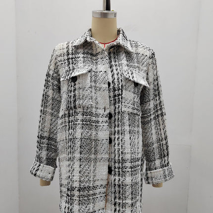 Women's Plaid Long Sleeve Button tweed Shirts Jacket Coats with Pockets