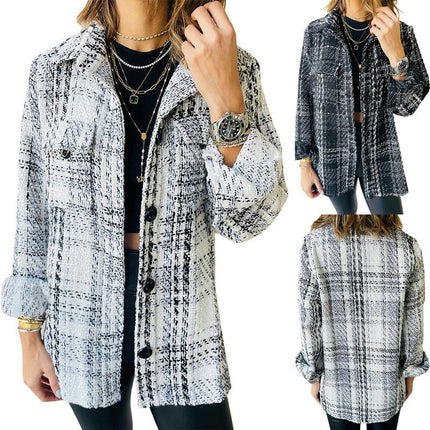 Women's Plaid Long Sleeve Button tweed Shirts Jacket Coats with Pockets