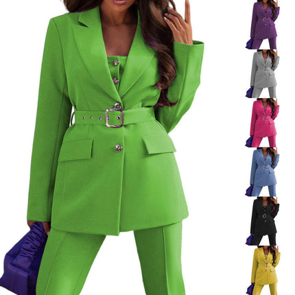 2 Piece Outfits for Women Blazer Jacket with Pants Belted Solid Suit Sets